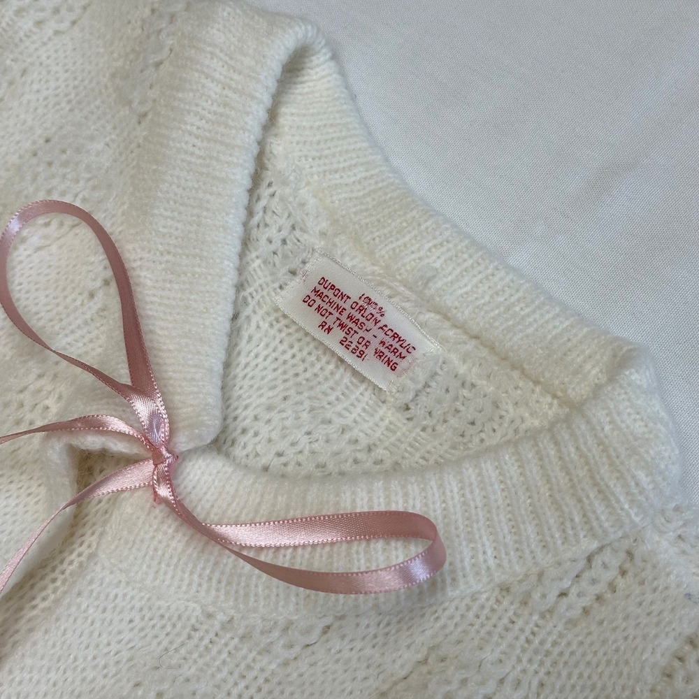 Vintage Women Orlon Acrylic White Knit Cardigan Sweater Medium Pink Bow Coquette - Picture 5 of 8